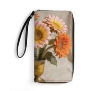 LZQPOEAS Pale Pink Yellow Orane Vintage Sunflower Clutch Wallet, Small Exquisite PU Leather Long Purse Gift for Friends, Zipper Coin Pocket with Patterns, Wristlet Bag for Daily Use