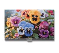 LZQPOEAS Pansy Flowers Business Card Holder, Personalized Metal Name Card Case, Portable Pocket Card Organizer with Buckle Closure, Professional Business Card Container for Office