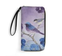 LZQPOEAS Pansy Purple Oxford Blue Branches Birds Flowers Clutch Wallet, Small Exquisite PU Leather Long Purse Gift for Friends, Zipper Coin Pocket with Patterns, Wristlet Bag for Daily Use