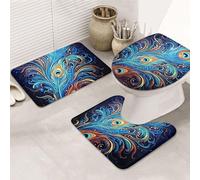 LZQPOEAS Peacock Feather Art Print Bathroom Rug Set 3 Piece Includes Non Slip Bath Mat, Contour Mat and Toilet Lid Cover Ultra Soft Microfiber Bathroom Floor Mats Set