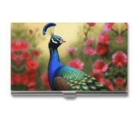 LZQPOEAS Peacock Flowers Business Card Holder, Personalized Metal Name Card Case, Portable Pocket Card Organizer with Buckle Closure, Professional Business Card Container for Office
