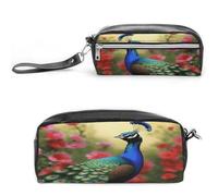 LZQPOEAS Peacock Flowers Pen Case Cosmetic Makeup Bag PU Leather Cosmetic Pencil Bags Small Soft Makeup Pouch with Zipper Waterproof Makeup Brush Holder for Women Men Office