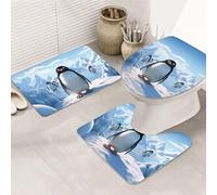 LZQPOEAS Penguin Antarctica Ice Print Bathroom Rug Set 3 Piece Includes Non Slip Bath Mat, Contour Mat and Toilet Lid Cover Ultra Soft Microfiber Bathroom Floor Mats Set