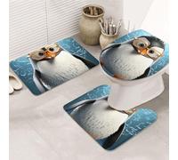 LZQPOEAS Penguin with Glasses Print Bathroom Rug Set 3 Piece Includes Non Slip Bath Mat, Contour Mat and Toilet Lid Cover Ultra Soft Microfiber Bathroom Floor Mats Set