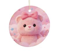 LZQPOEAS Pink Bow Bear Round Ceramic Pendant Hanging Festival Ornament, Personalized Double Sided Ceramic Home Decor, Lightweight Durable Hanging Ornament Gift for Home, Party, Women Men