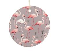 LZQPOEAS Pink Flamingo Pattern Round Ceramic Pendant Hanging Festival Ornament, Personalized Double Sided Ceramic Home Decor, Lightweight Durable Hanging Ornament Gift for Home, Party, Women Men