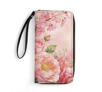 LZQPOEAS Pink Floral Clutch Wallet, Small Exquisite PU Leather Long Purse Gift for Friends, Zipper Coin Pocket with Patterns, Wristlet Bag for Daily Use