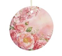 LZQPOEAS Pink Floral Round Ceramic Pendant Hanging Festival Ornament, Personalized Double Sided Ceramic Home Decor, Lightweight Durable Hanging Ornament Gift for Home, Party, Women Men