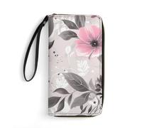LZQPOEAS Pink Flowers And Leaves on Gray Clutch Wallet, Small Exquisite PU Leather Long Purse Gift for Friends, Zipper Coin Pocket with Patterns, Wristlet Bag for Daily Use
