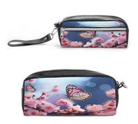 LZQPOEAS Pink Flowers Butterflies Pen Case Cosmetic Makeup Bag PU Leather Cosmetic Pencil Bags Small Soft Makeup Pouch with Zipper Waterproof Makeup Brush Holder for Women Men Office