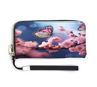 LZQPOEAS Pink Flowers Butterflies Wristlet Wallet for Women Large Clutch Cash Long Wallet with Zipper Checkbook Clutch Purse