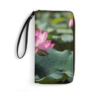 LZQPOEAS Pink Lotu Flowers Clutch Wallet, Small Exquisite PU Leather Long Purse Gift for Friends, Zipper Coin Pocket with Patterns, Wristlet Bag for Daily Use