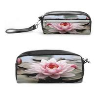 LZQPOEAS Pink Lotus Flower Pen Case Cosmetic Makeup Bag PU Leather Cosmetic Pencil Bags Small Soft Makeup Pouch with Zipper Waterproof Makeup Brush Holder for Women Men Office