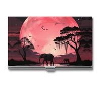 LZQPOEAS Pink Moon Elephant Business Card Holder, Personalized Metal Name Card Case, Portable Pocket Card Organizer with Buckle Closure, Professional Business Card Container for Office