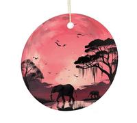 LZQPOEAS Pink Moon Elephant Round Ceramic Pendant Hanging Festival Ornament, Personalized Double Sided Ceramic Home Decor, Lightweight Durable Hanging Ornament Gift for Home, Party, Women Men