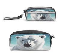 LZQPOEAS Polar Bear Pen Case Cosmetic Makeup Bag PU Leather Cosmetic Pencil Bags Small Soft Makeup Pouch with Zipper Waterproof Makeup Brush Holder for Women Men Office