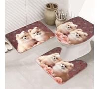 LZQPOEAS Pomeranians Puppies and Point Print Bathroom Rug Set 3 Piece Includes Non Slip Bath Mat, Contour Mat and Toilet Lid Cover Ultra Soft Microfiber Bathroom Floor Mats Set
