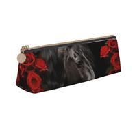 LZQPOEAS PU Leather Pencil Case for Women Men Pen Bag Zippered Pen Pouch Black horse on a background of red roses Pencil Bag Portable Makeup Bag Small Coin Pouch Pen Holder for Work & Office Supplies
