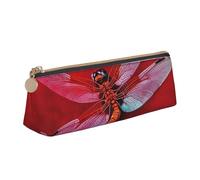 LZQPOEAS PU Leather Pencil Case for Women Men Pen Bag Zippered Pen Pouch Dragonfly on Red Background Pencil Bag Portable Makeup Bag Small Coin Pouch Pen Holder for Work & Office Supplies