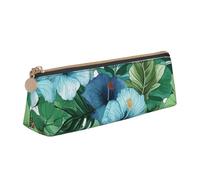 LZQPOEAS PU Leather Pencil Case for Women Men Pen Bag Zippered Pen Pouch Green and blue hibiscus flowers Pencil Bag Portable Makeup Bag Small Coin Pouch Pen Holder for Work & Office Supplies