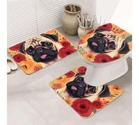 LZQPOEAS Pug Flower Print Bathroom Rug Set 3 Piece Includes Non Slip Bath Mat, Contour Mat and Toilet Lid Cover Ultra Soft Microfiber Bathroom Floor Mats Set