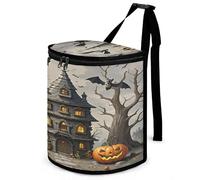 LZQPOEAS Pumpkin Haunted House Car Trash Can with Lid Large Capacity Car Trash Bag Hanging Back Seat Leakproof Vehicle Garbage Organizer Holder Foldable Cars Garbage Bag for Home Travel