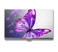LZQPOEAS Purple Butterfly Business Card Holder, Personalized Metal Name Card Case, Portable Pocket Card Organizer with Buckle Closure, Professional Business Card Container for Office