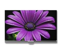 LZQPOEAS Purple Daisy Business Card Holder, Personalized Metal Name Card Case, Portable Pocket Card Organizer with Buckle Closure, Professional Business Card Container for Office