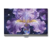 LZQPOEAS Purple Floal Business Card Holder, Personalized Metal Name Card Case, Portable Pocket Card Organizer with Buckle Closure, Professional Business Card Container for Office