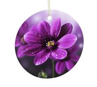 LZQPOEAS Purple Flower Round Ceramic Pendant Hanging Festival Ornament, Personalized Double Sided Ceramic Home Decor, Lightweight Durable Hanging Ornament Gift for Home, Party, Women Men