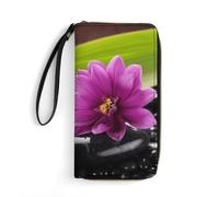 LZQPOEAS Purple Flower with Black Stone Clutch Wallet, Small Exquisite PU Leather Long Purse Gift for Friends, Zipper Coin Pocket with Patterns, Wristlet Bag for Daily Use