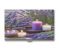 LZQPOEAS Purple Lavender with Candles Business Card Holder for Men Women Professional Stainless Steel Card Case Slim Flip Cover Purse Name Cards Holder Multi Aluminum Business Cards Wallet for Office