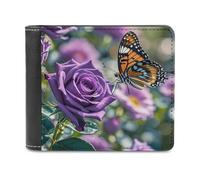 LZQPOEAS Purple Rose with Beautiful Butterfly Bifold Wallet for Women Men Slim Wallet Small Billfold Minimalist Front Pocket Thin PU Leather Card Holder