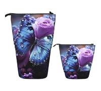 LZQPOEAS Purple rose with beautiful butterfly Pencil Case Telescopic Pen Pouch Standing Pencil Bag Pop Up Pencil Holder With Zipper Travel Coin Pouch Purse Portable Makeup Bag for Office Holiday Gift