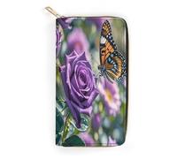 LZQPOEAS Purple Rose with Beautiful Butterfly Wallet for Men Women Credit Card Holder Minimalist Long Wallet Soft PU Leather Wallet Zipped Coin Purse
