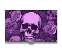 LZQPOEAS Purple Skulls And Roses Business Card Holder, Personalized Metal Name Card Case, Portable Pocket Card Organizer with Buckle Closure, Professional Business Card Container for Office