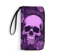 LZQPOEAS Purple Skulls And Roses Clutch Wallet, Small Exquisite PU Leather Long Purse Gift for Friends, Zipper Coin Pocket with Patterns, Wristlet Bag for Daily Use