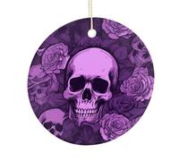 LZQPOEAS Purple Skulls And Roses Round Ceramic Pendant Hanging Festival Ornament, Personalized Double Sided Ceramic Home Decor, Lightweight Durable Hanging Ornament Gift for Home, Party, Women Men