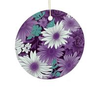 LZQPOEAS Purple White Floral Round Ceramic Pendant Hanging Festival Ornament, Personalized Double Sided Ceramic Home Decor, Lightweight Durable Hanging Ornament Gift for Home, Party, Women Men