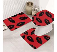 LZQPOEAS Red and Black Lips Print Bathroom Rug Set 3 Piece Includes Non Slip Bath Mat, Contour Mat and Toilet Lid Cover Ultra Soft Microfiber Bathroom Floor Mats Set