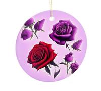LZQPOEAS Red And Purple Roses Round Ceramic Pendant Hanging Festival Ornament, Personalized Double Sided Ceramic Home Decor, Lightweight Durable Hanging Ornament Gift for Home, Party, Women Men