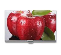LZQPOEAS Red Apple Fruit Business Card Holder, Personalized Metal Name Card Case, Portable Pocket Card Organizer with Buckle Closure, Professional Business Card Container for Office