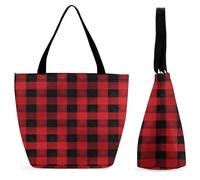 LZQPOEAS Red Black Buffalo Check Plaid Pattern Tote Bag for Women Lightweight Casual Shoulder Bag Reusable Grocery Shopping Bag Large Capacity Everyday Handbag for Travel Work Gym Office Daily Use