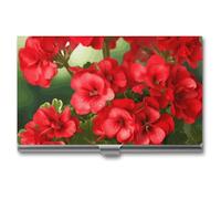 LZQPOEAS Red Geraniums Business Card Holder, Personalized Metal Name Card Case, Portable Pocket Card Organizer with Buckle Closure, Professional Business Card Container for Office