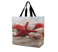 LZQPOEAS Red Starfish Seashells Grocery Bags Heavy Duty Reusable Shopping Bags Large Washable Foldable Shopping Bag for Groceries Tote Produce Bag with Reinforced Handles