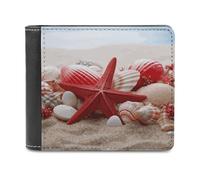 LZQPOEAS Red Starfish Seashells Wallet Extra Capacity Slim Bifold Wallet with Multiple Card Slots Men's Leather Wallets Travel Billfold