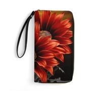 LZQPOEAS Red Sunflower Clutch Wallet, Small Exquisite PU Leather Long Purse Gift for Friends, Zipper Coin Pocket with Patterns, Wristlet Bag for Daily Use