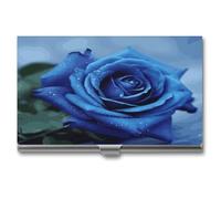 LZQPOEAS Romantic Blue Rose Business Card Holder Case for Men & Women Minimalist Design Ultra Thin Metal Credit Card Holder Professional Aluminum Alloy Flip Cover Slim Name Card Case