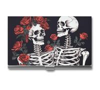 LZQPOEAS Rose And Skeleton Business Card Holder, Personalized Metal Name Card Case, Portable Pocket Card Organizer with Buckle Closure, Professional Business Card Container for Office