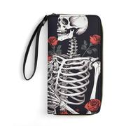 LZQPOEAS Rose And Skeleton Clutch Wallet, Small Exquisite PU Leather Long Purse Gift for Friends, Zipper Coin Pocket with Patterns, Wristlet Bag for Daily Use